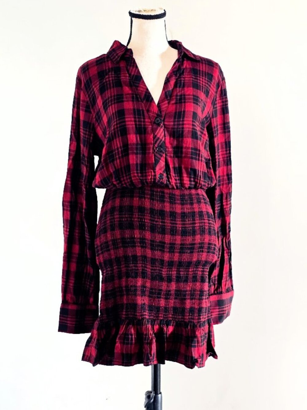 GUESS Factory Klay Smocked Buffalo Plaid Mini Dress Red Black Size M NWT